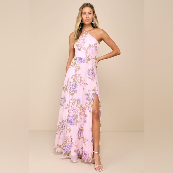 Lulus Dresses & Skirts - NWT Lulus Romantic Marvel Light Pink Floral Print Halter Neck Maxi Dress, Small
